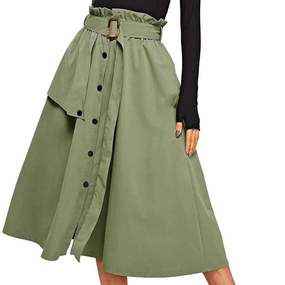 ⭐️PAPER BAG⭐️WATERPROOF ELASTIC HIGH WAIST BELTED A LINE MIDI BUTTON DOWN SKIRT